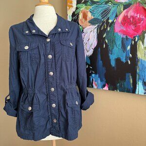 Dress Barn Navy Blue Utility Jacket With Cinched Waist Size Large